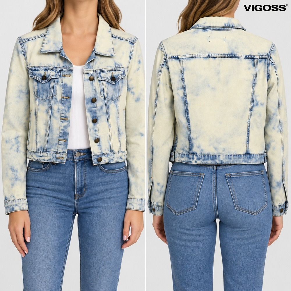 Vigoss Denim Jacket Womens Small Acid Wash Light Blue Cropped Trucker Button Up
